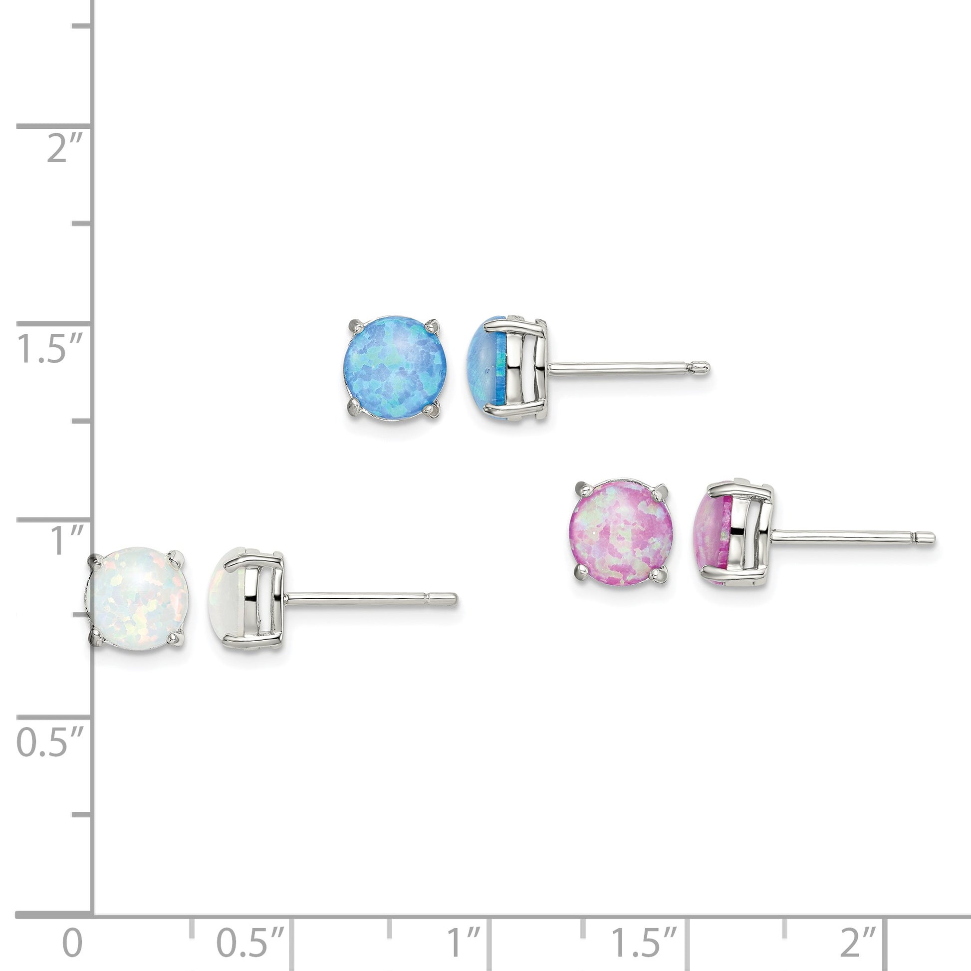 Sterling Silver Polished Pink, White & Blue 7mm Round Created Opal 3 Pair Set of Stud Earrings
