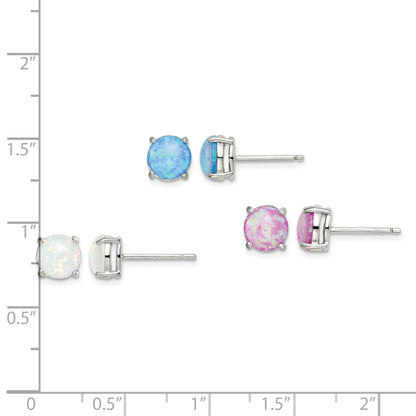 Sterling Silver Polished Pink, White & Blue 7mm Round Created Opal 3 Pair Set of Stud Earrings