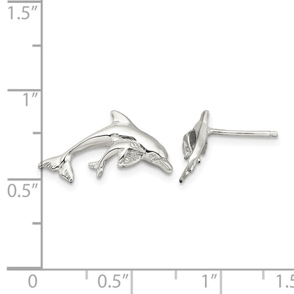De-Ani Sterling Silver Rhodium-Plated Polished Dolphin and Baby Post Earrings