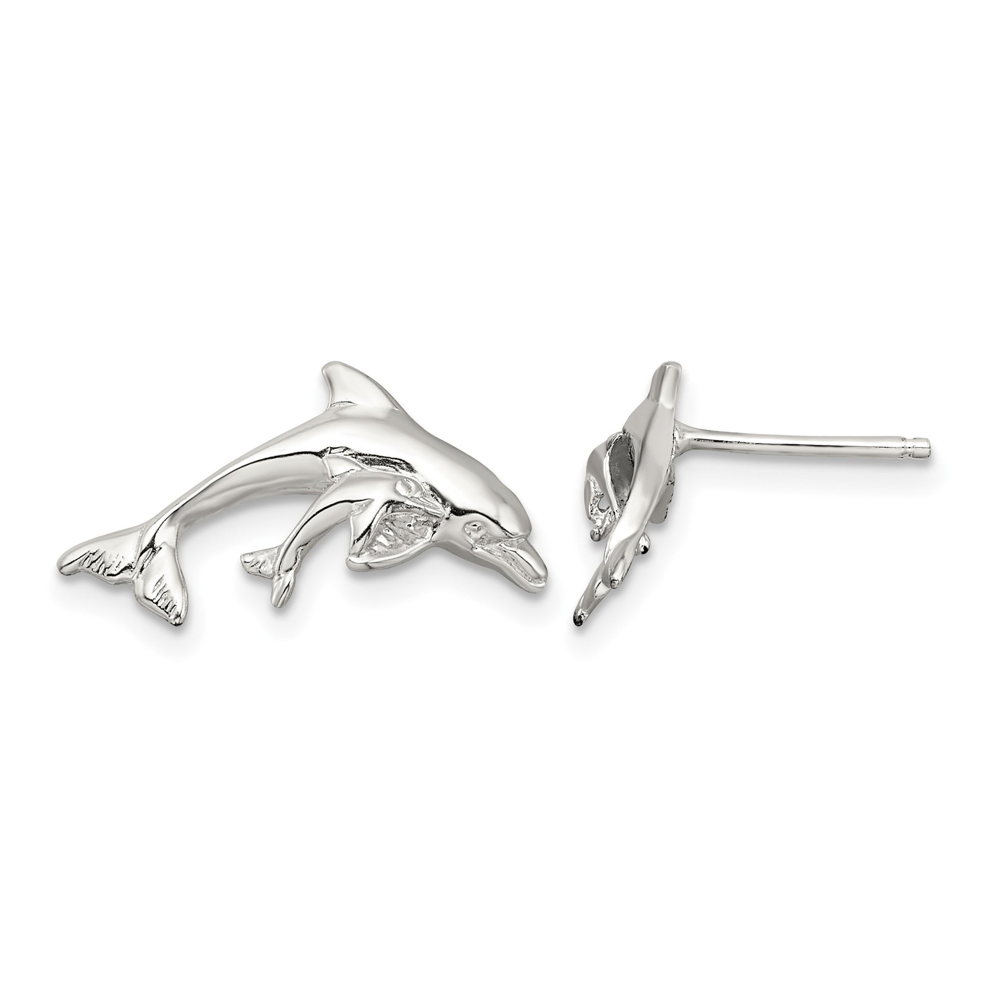 De-Ani Sterling Silver Rhodium-Plated Polished Dolphin and Baby Post Earrings
