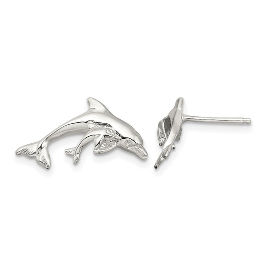 De-Ani Sterling Silver Rhodium-Plated Polished Dolphin and Baby Post Earrings