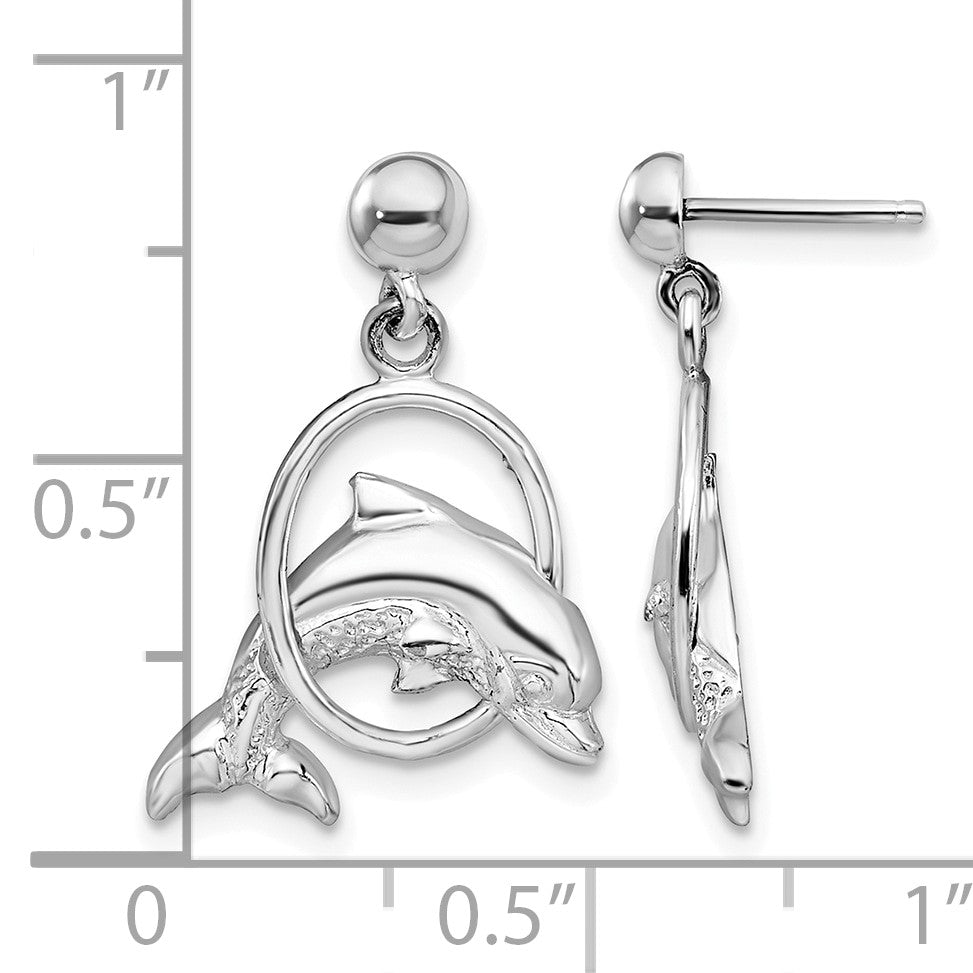 De-Ani Sterling Silver Rhodium-Plated Dolphin in Hoop Dangle Post Earrings