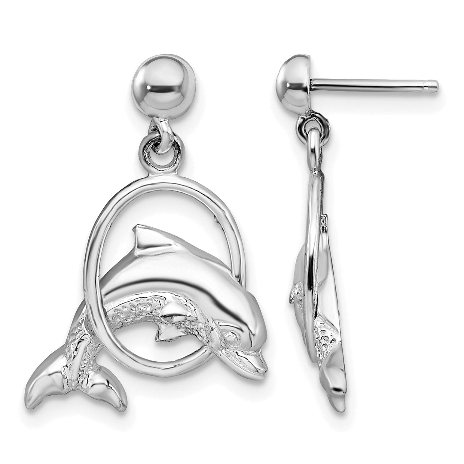 De-Ani Sterling Silver Rhodium-Plated Dolphin in Hoop Dangle Post Earrings