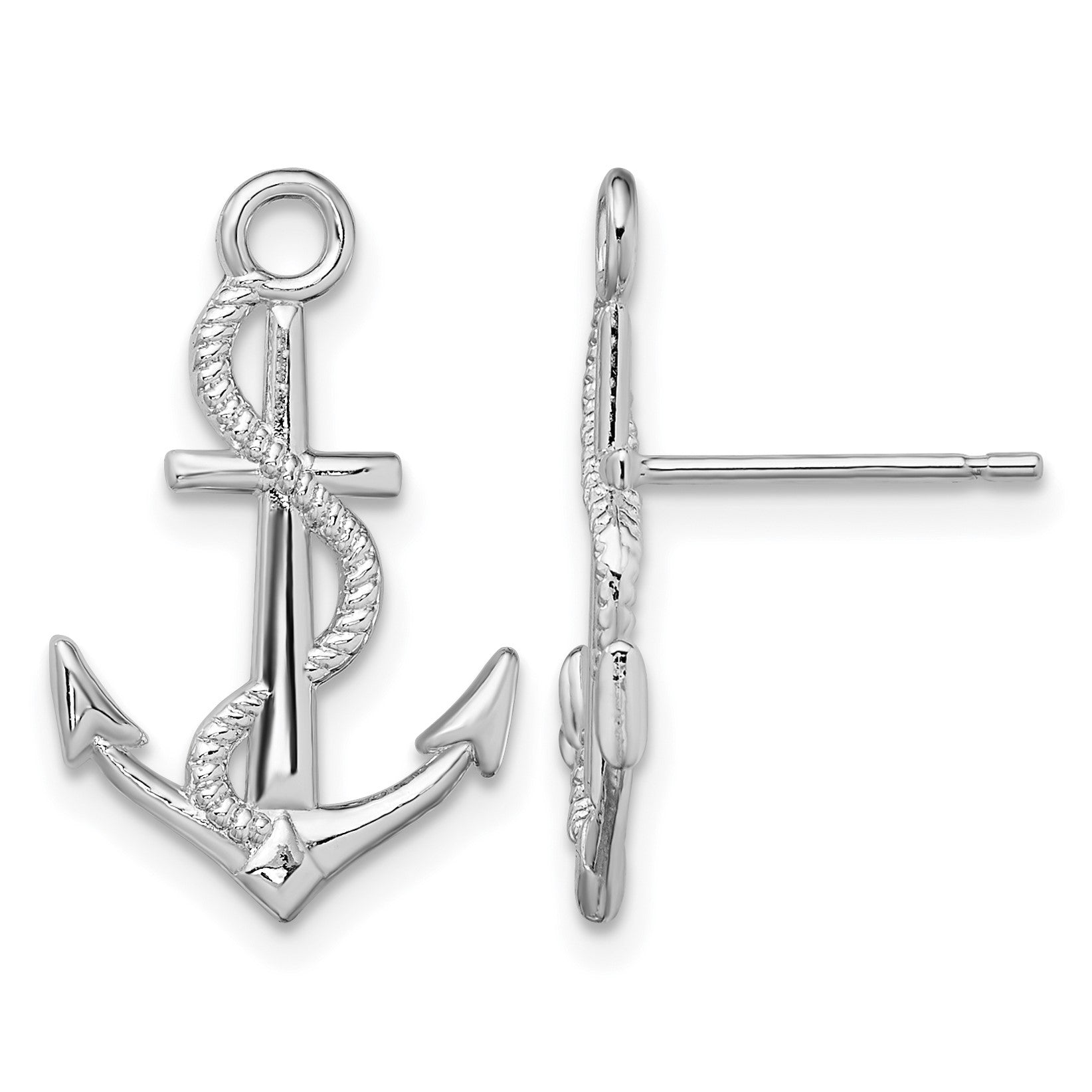De-Ani Sterling Silver Rhodium-Plated Polished Anchor with Rope Post Earrings