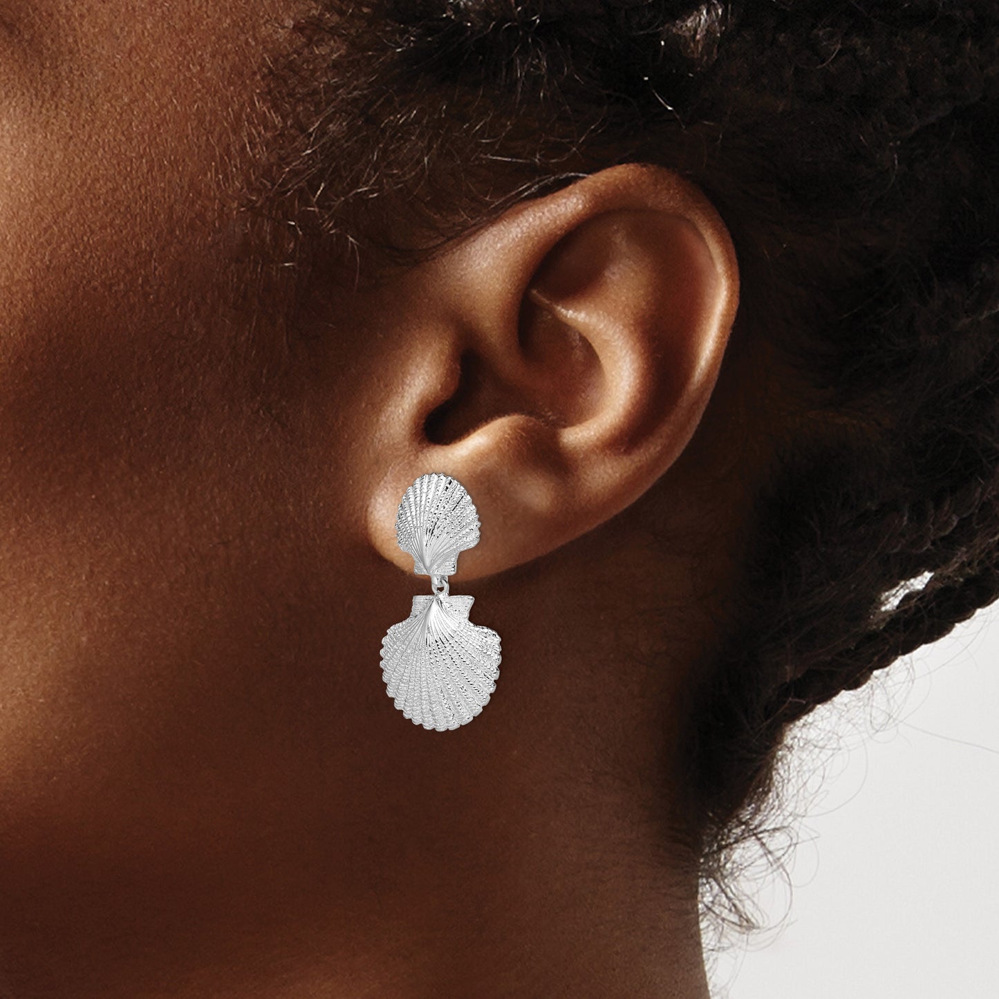 De-Ani Sterling Silver Rhodium-Plated Polished Double Shell Dangle Post Earrings