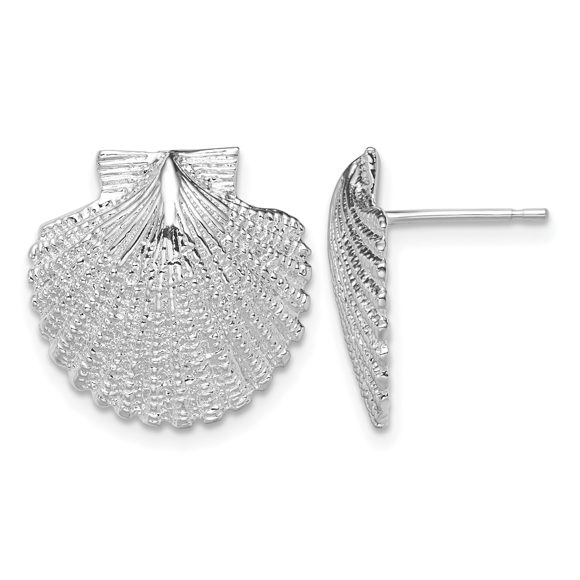 De-Ani Sterling Silver Rhodium-Plated Polished Large Scallop Shell Post Earrings