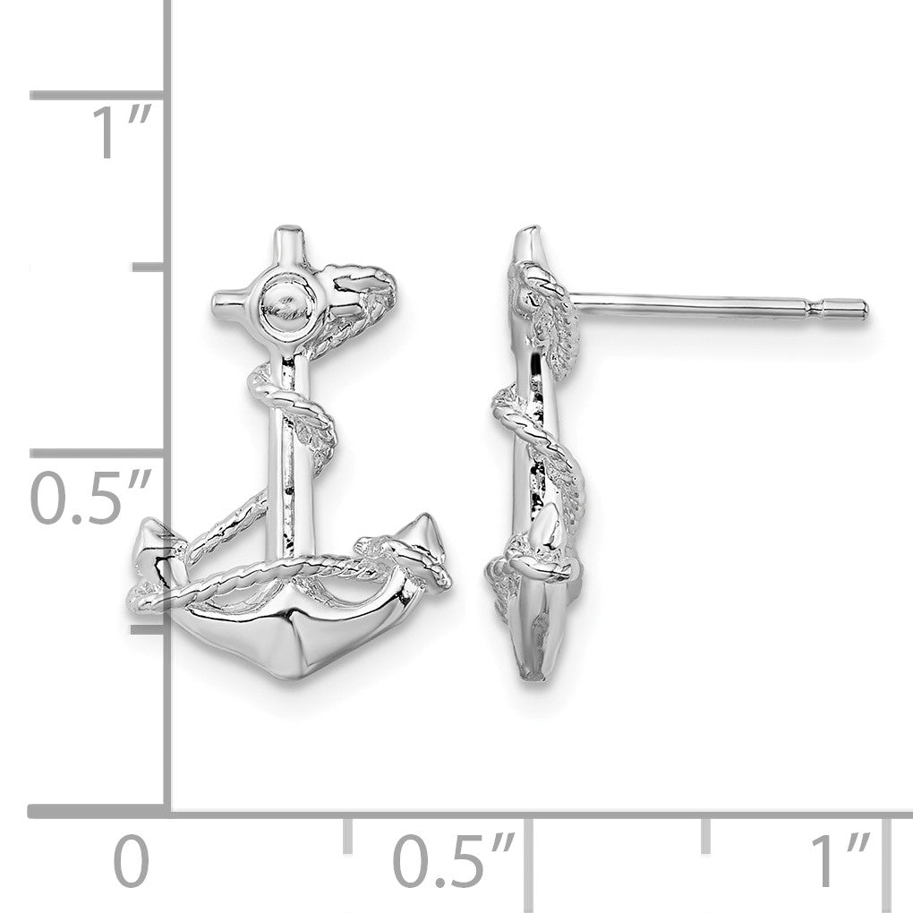 De-Ani Sterling Silver Rhodium-Plated Polished Anchor with Rope Post Earrings