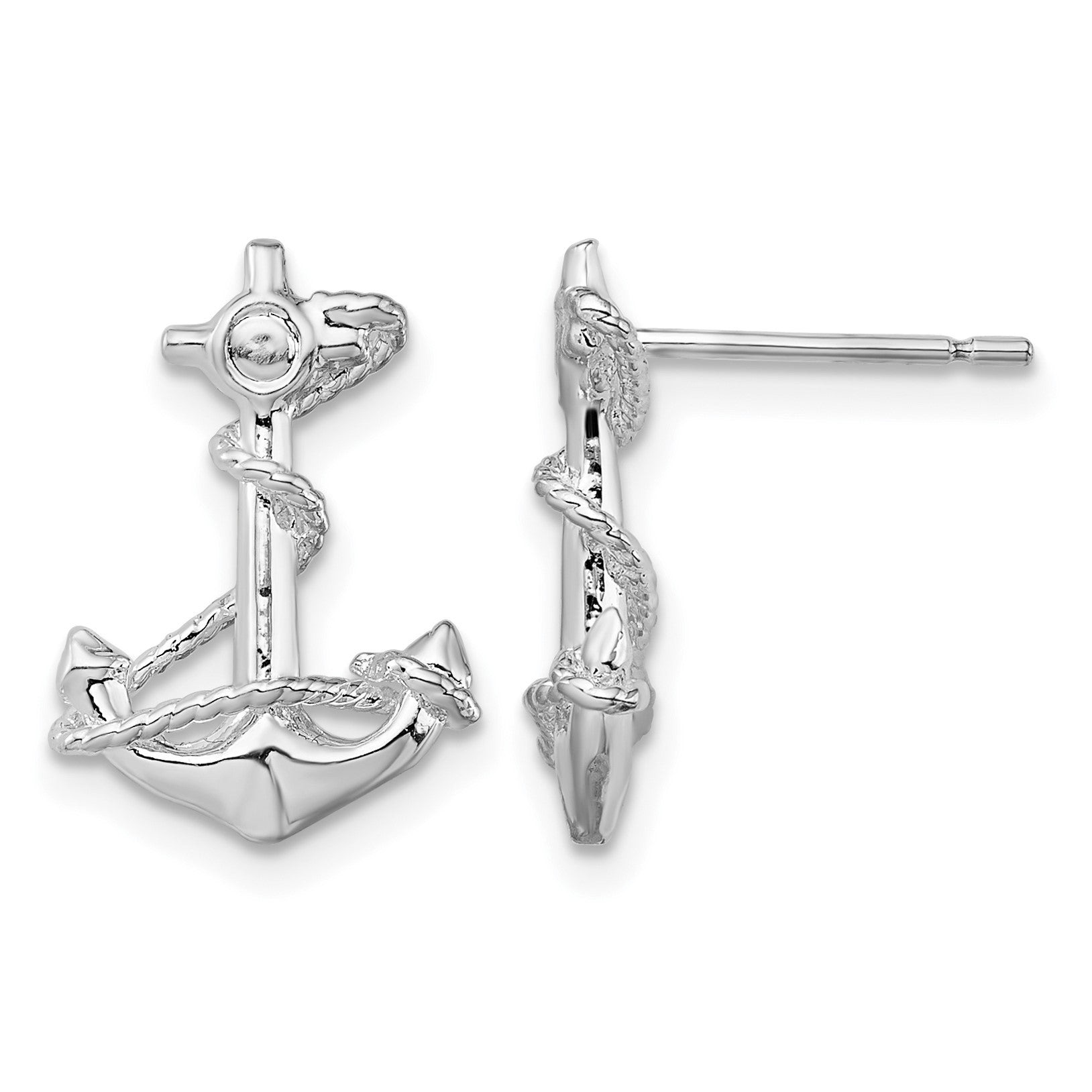 De-Ani Sterling Silver Rhodium-Plated Polished Anchor with Rope Post Earrings