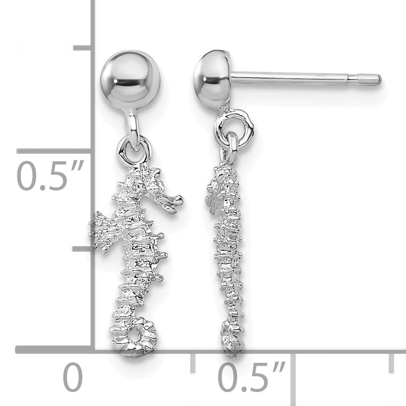 De-Ani Sterling Silver Rhodium-Plated 3D Mini Seahorse Dangle Post Earrings