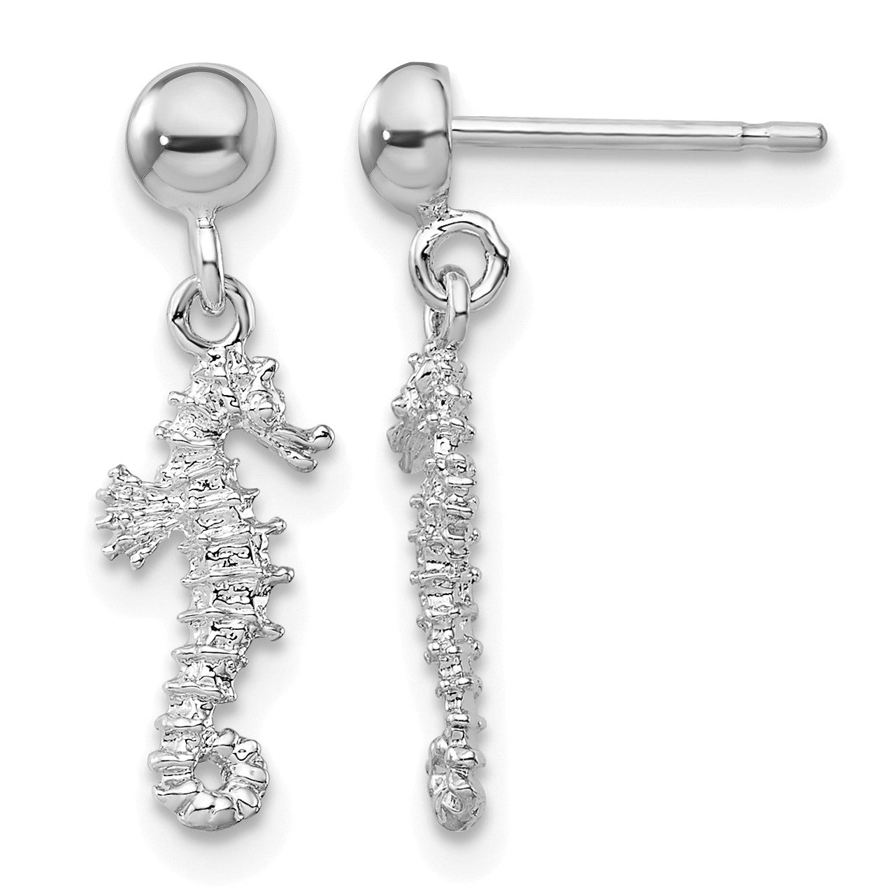 De-Ani Sterling Silver Rhodium-Plated 3D Mini Seahorse Dangle Post Earrings