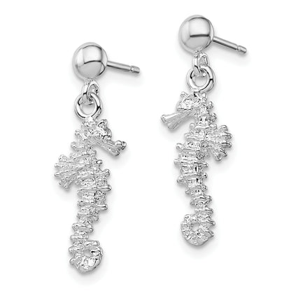 De-Ani Sterling Silver Rhodium-Plated Polished 3D Seahorse Dangle Post Earrings