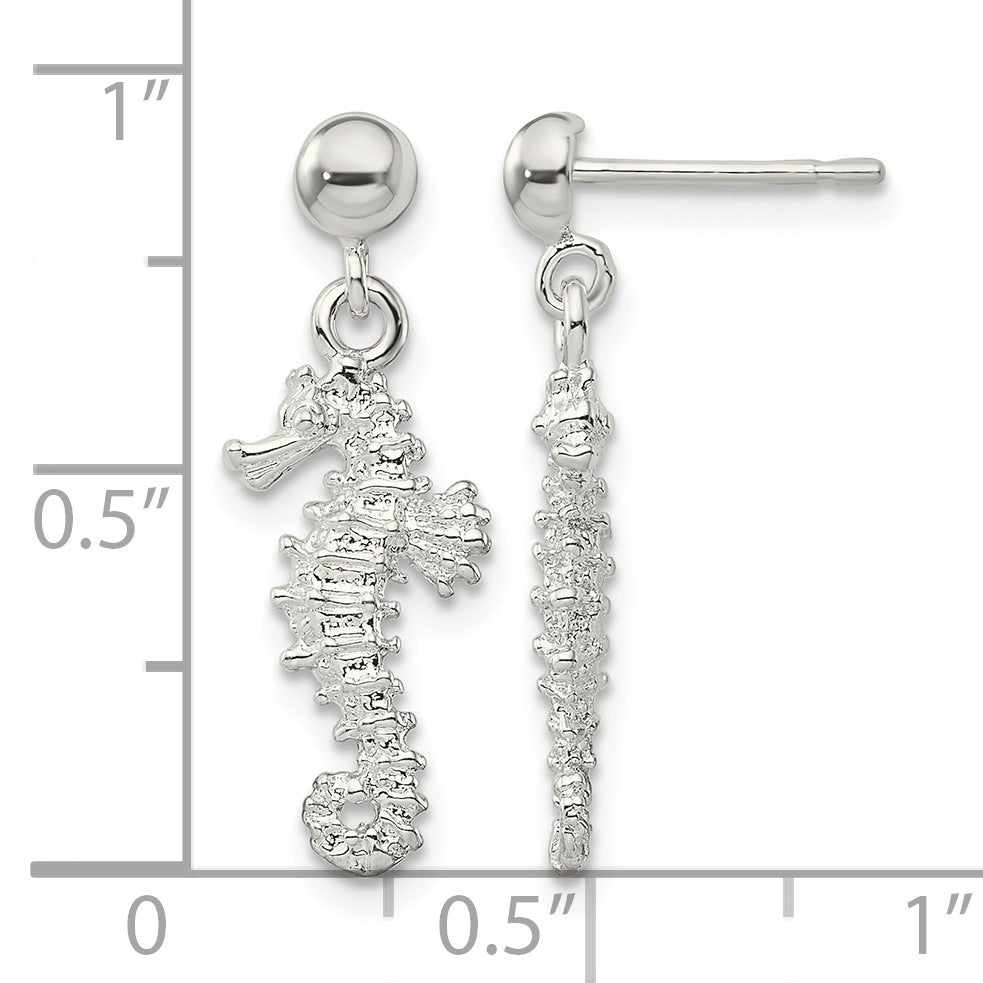 De-Ani Sterling Silver Rhodium-Plated Polished 3D Seahorse Dangle Post Earrings