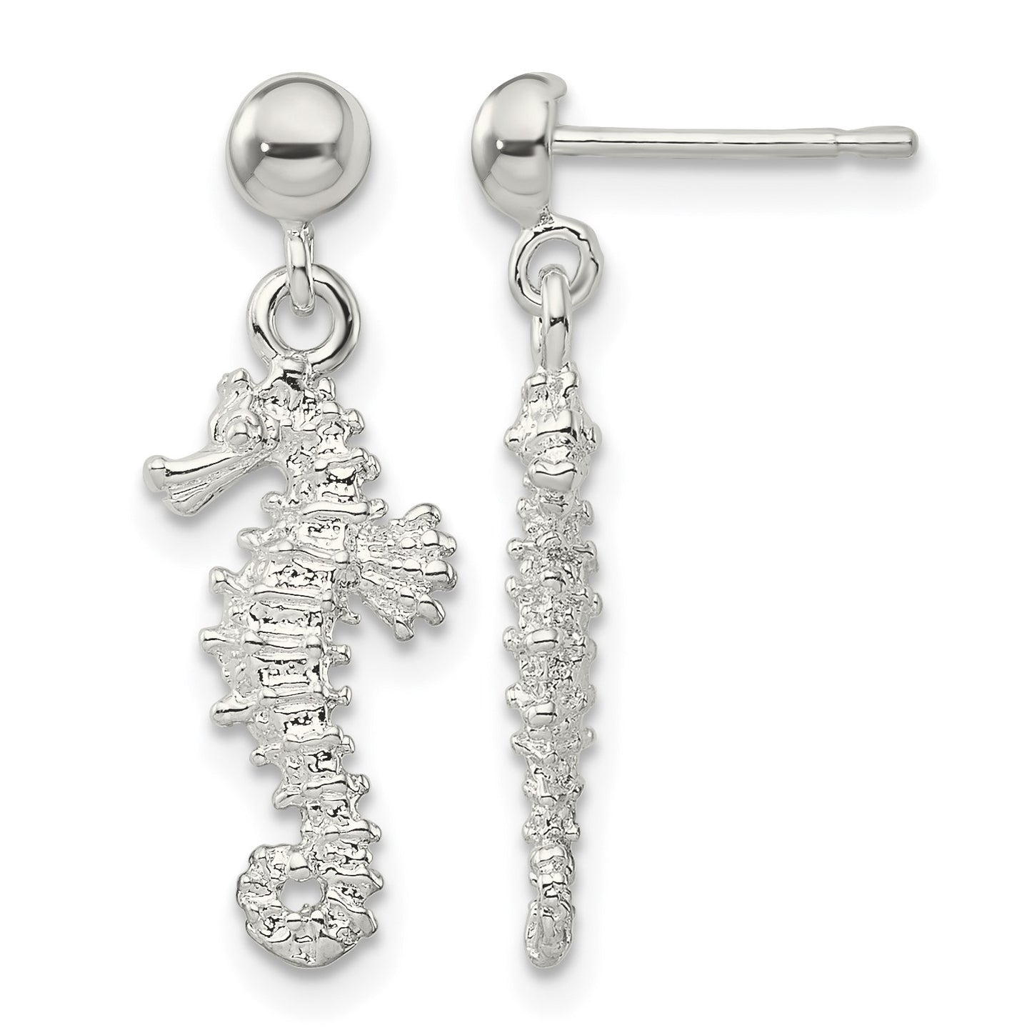 De-Ani Sterling Silver Rhodium-Plated Polished 3D Seahorse Dangle Post Earrings