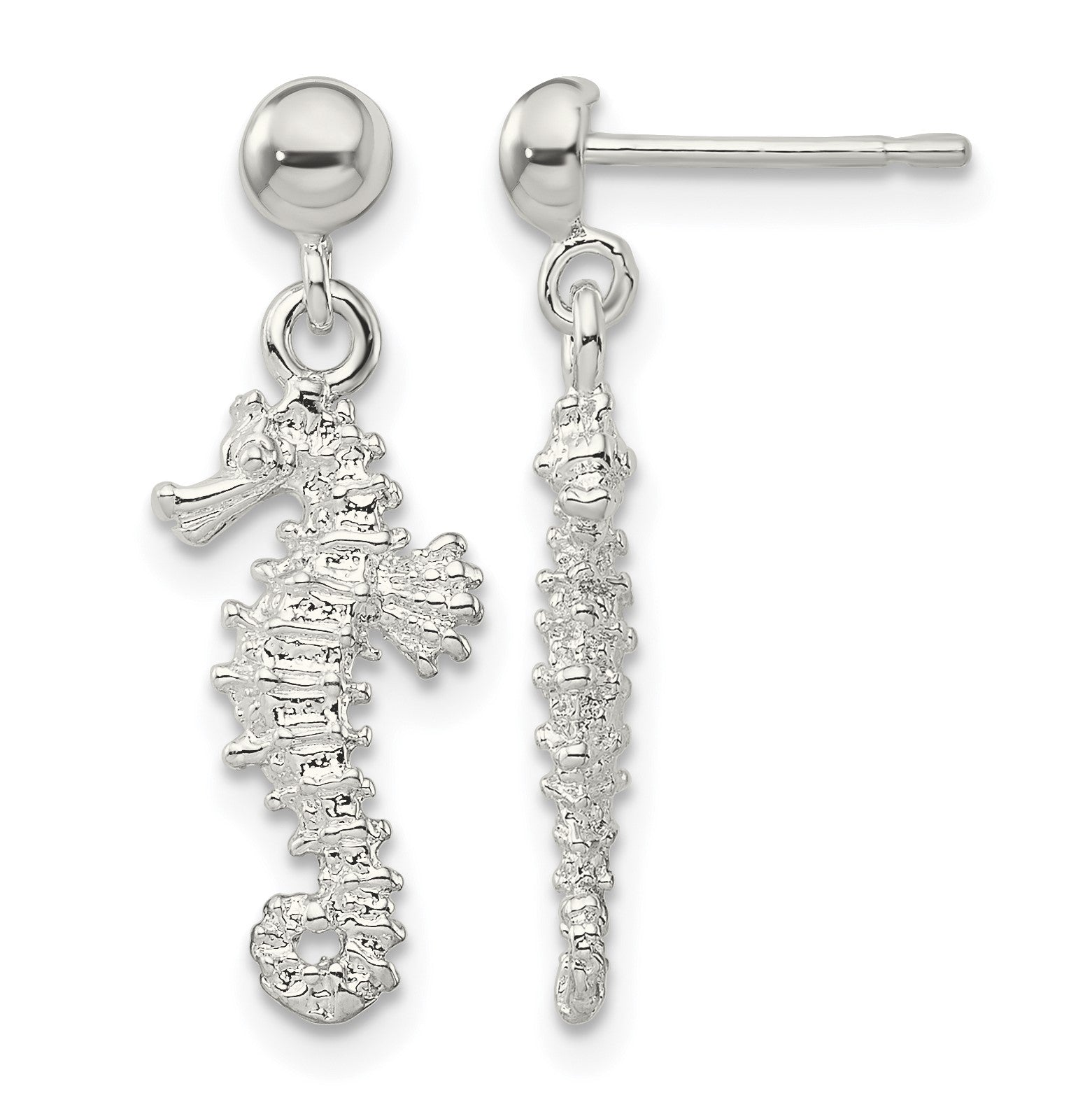 De-Ani Sterling Silver Rhodium-Plated Polished 3D Seahorse Dangle Post Earrings