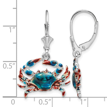 De-Ani Sterling Silver Rhodium-Plated Enameled Blue Crab Leverback Earrings