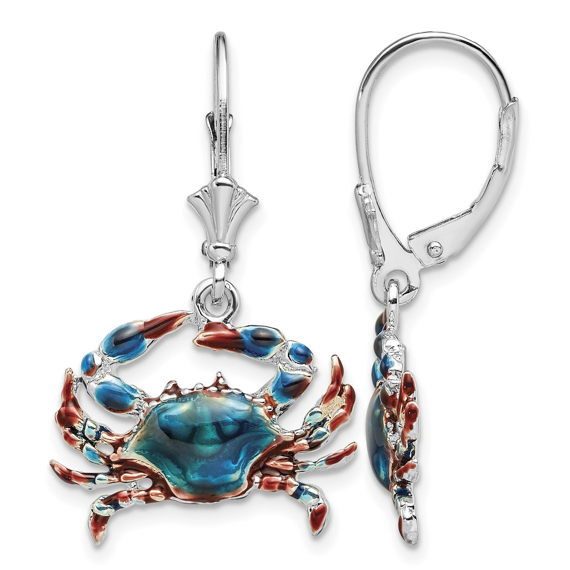 De-Ani Sterling Silver Rhodium-Plated Enameled Blue Crab Leverback Earrings