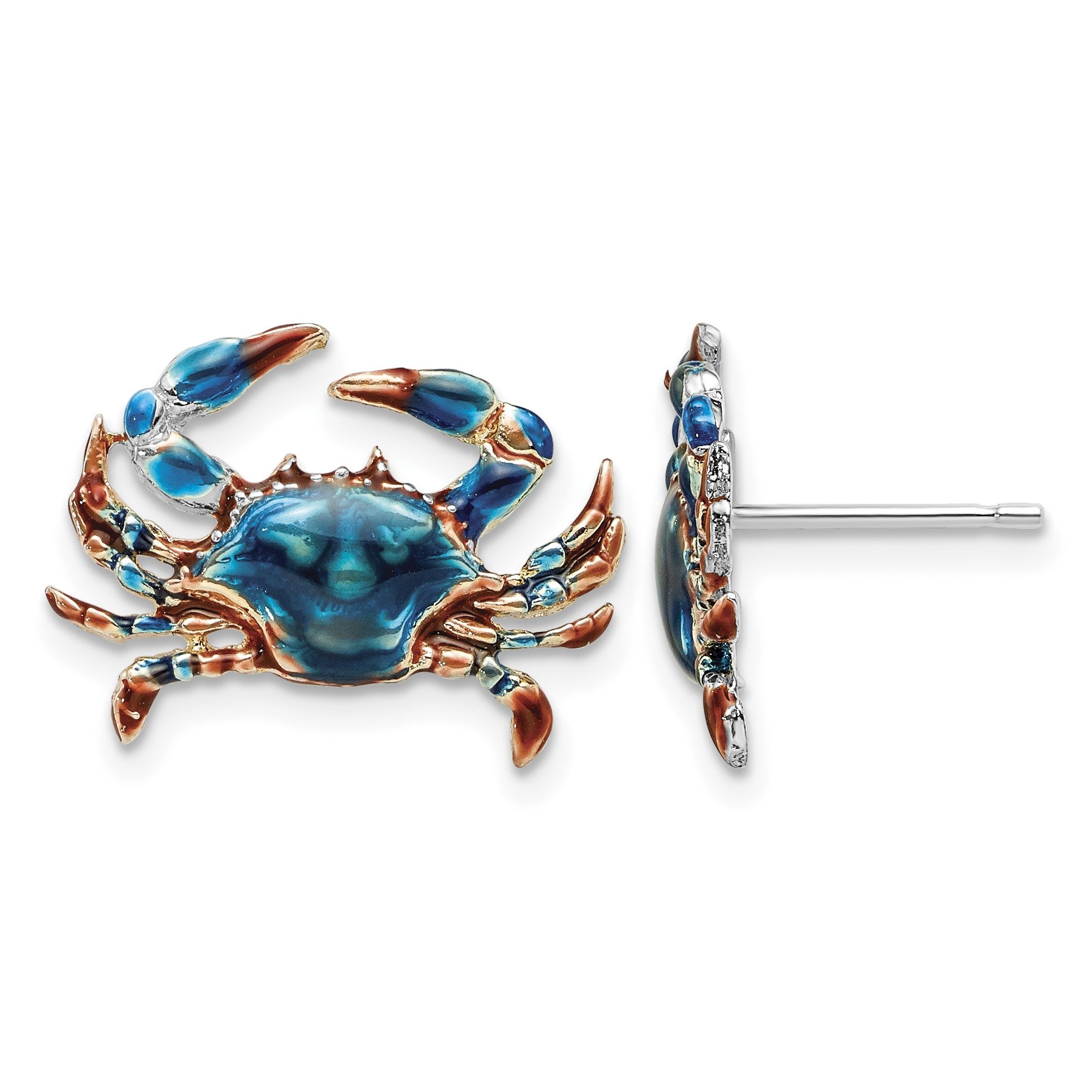 De-Ani Sterling Silver Rhodium-Plated Polished Enameled Blue Crab Post Earrings