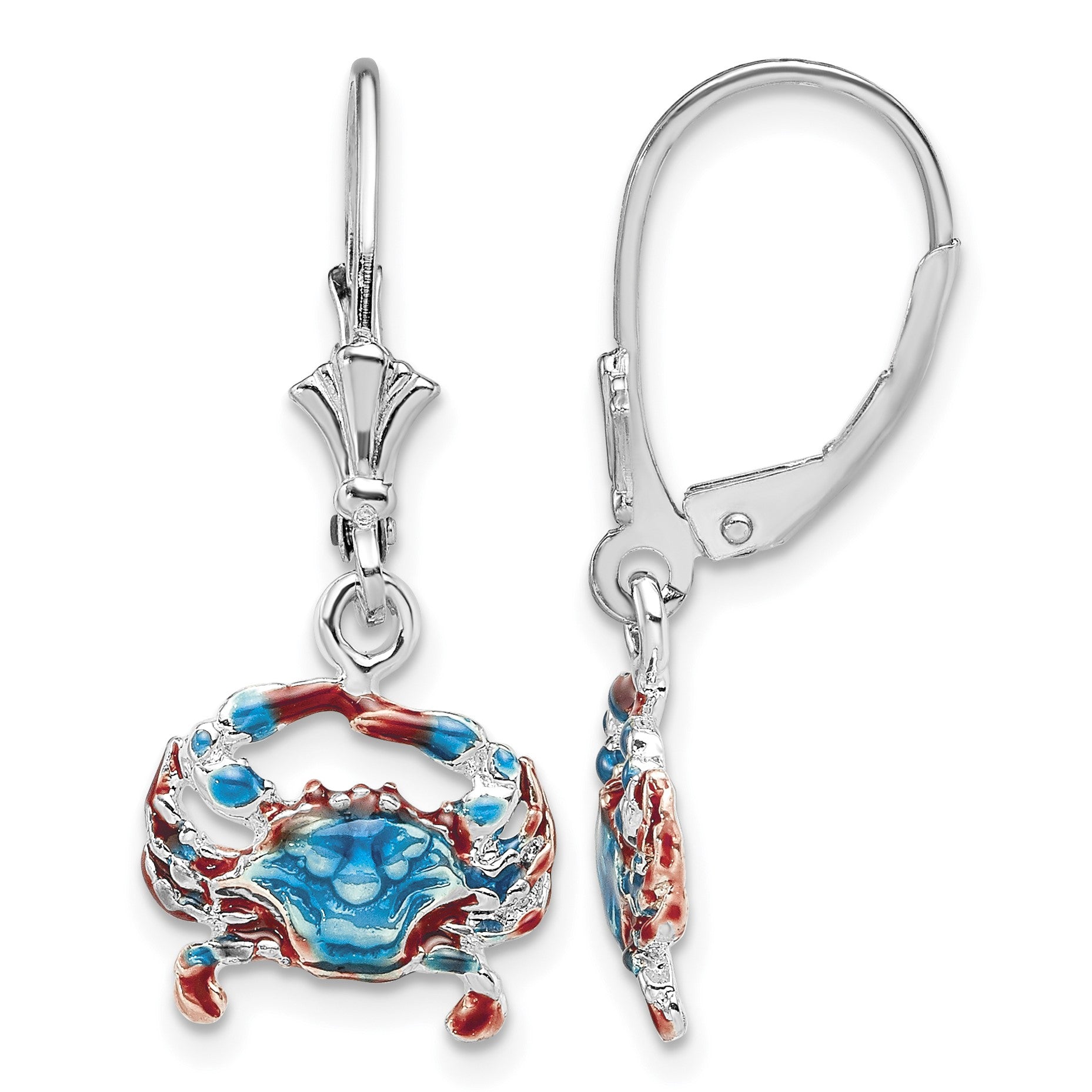 De-Ani Sterling Silver Rhodium-Plated Enameled Blue Crab Leverback Earrings