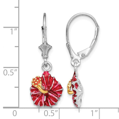 De-Ani Sterling Silver Rhodium-Plated Enameled Red Hibiscus Leverback Earrings