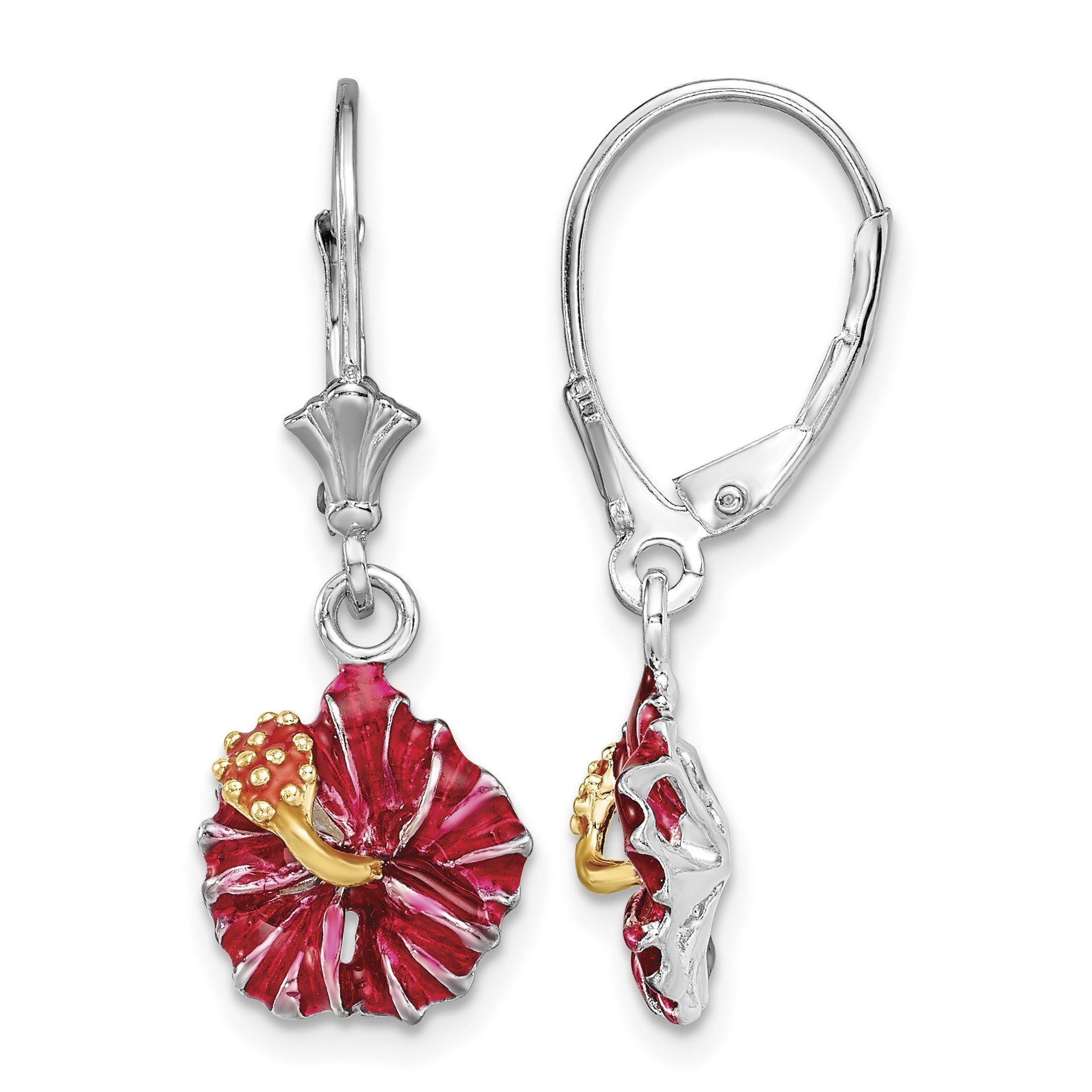 De-Ani Sterling Silver Rhodium-Plated Enameled Red Hibiscus Leverback Earrings