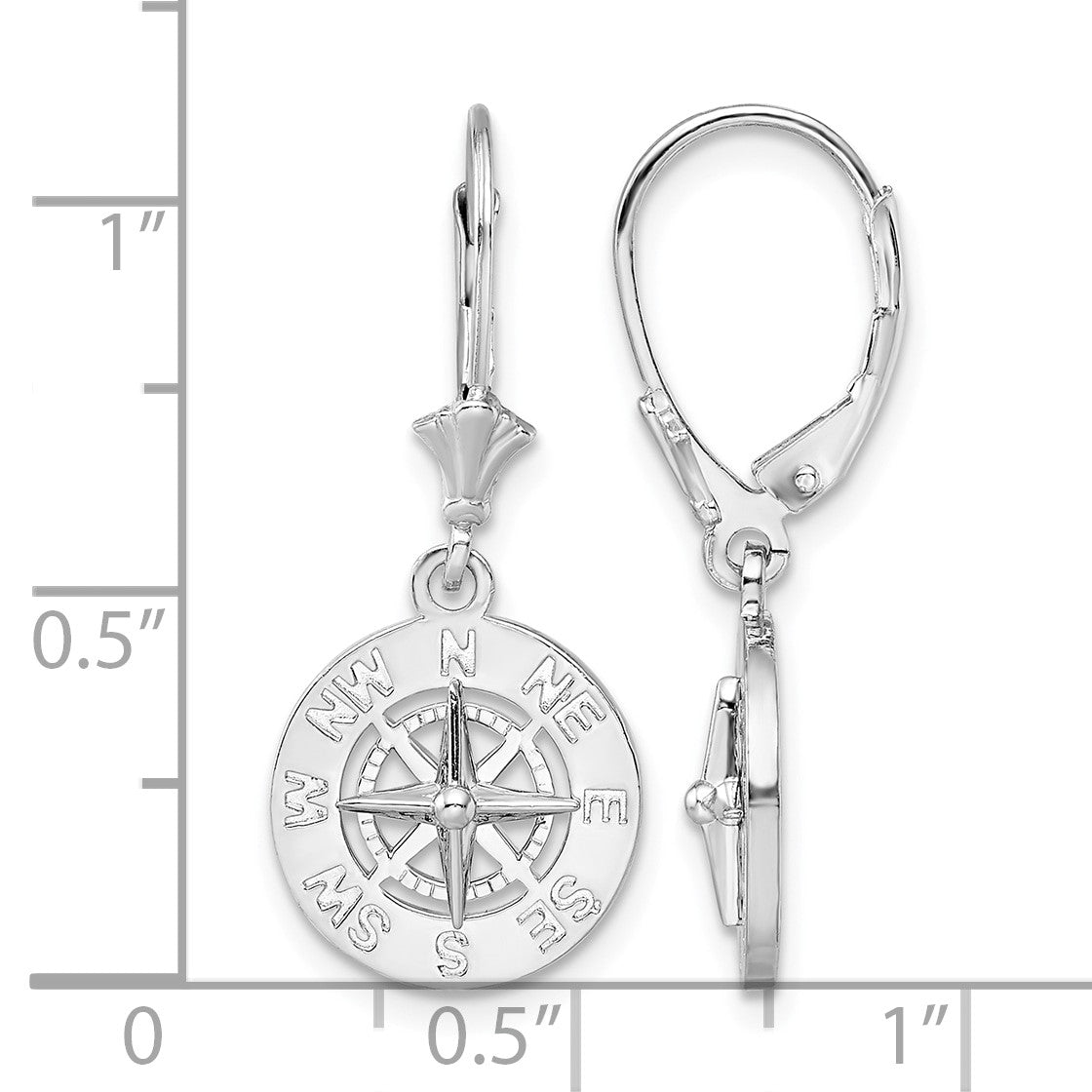 De-Ani Sterling Silver Rhodium-Plated Polished Mini Compass Leverback Earrings