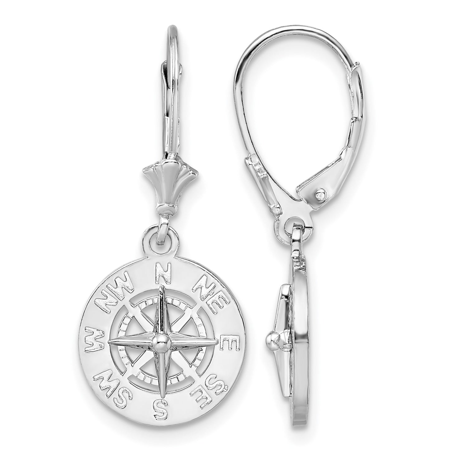 De-Ani Sterling Silver Rhodium-Plated Polished Mini Compass Leverback Earrings