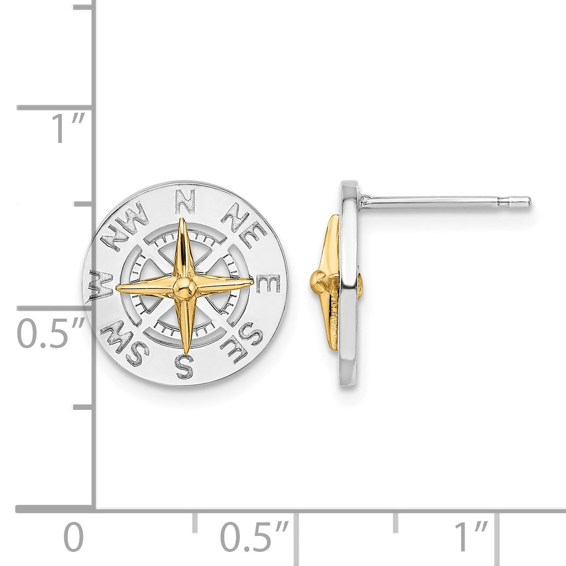 De-Ani Sterling Silver Rhodium-Plated Mini Compass with 14k Needle Post Earrings