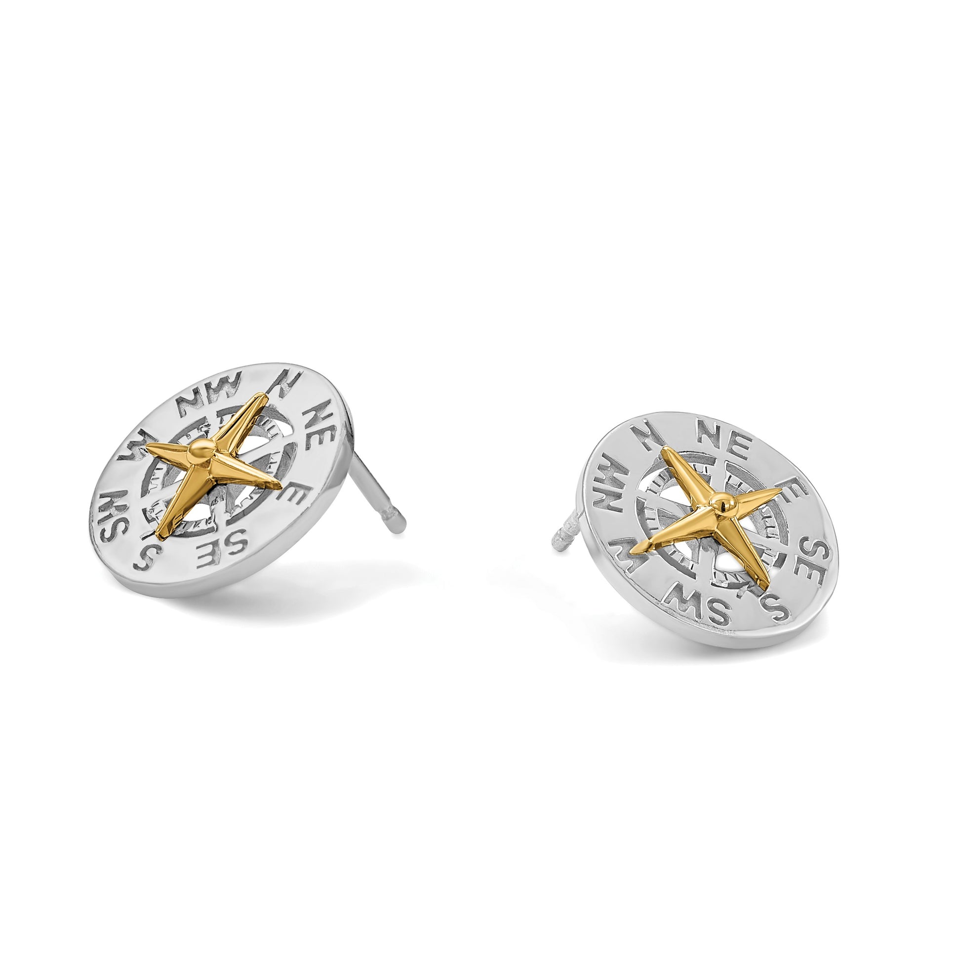 Sterling Silver Rhodium-plated Polished CZ Compass Dangle Post Earrings