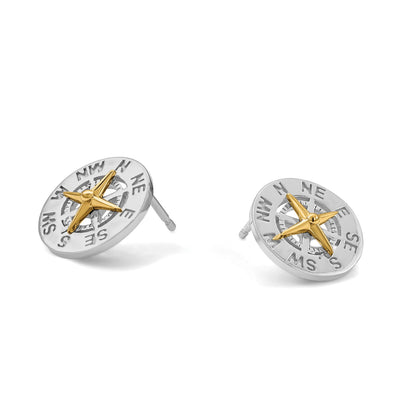 Sterling Silver Rhodium-plated Polished CZ Compass Dangle Post Earrings