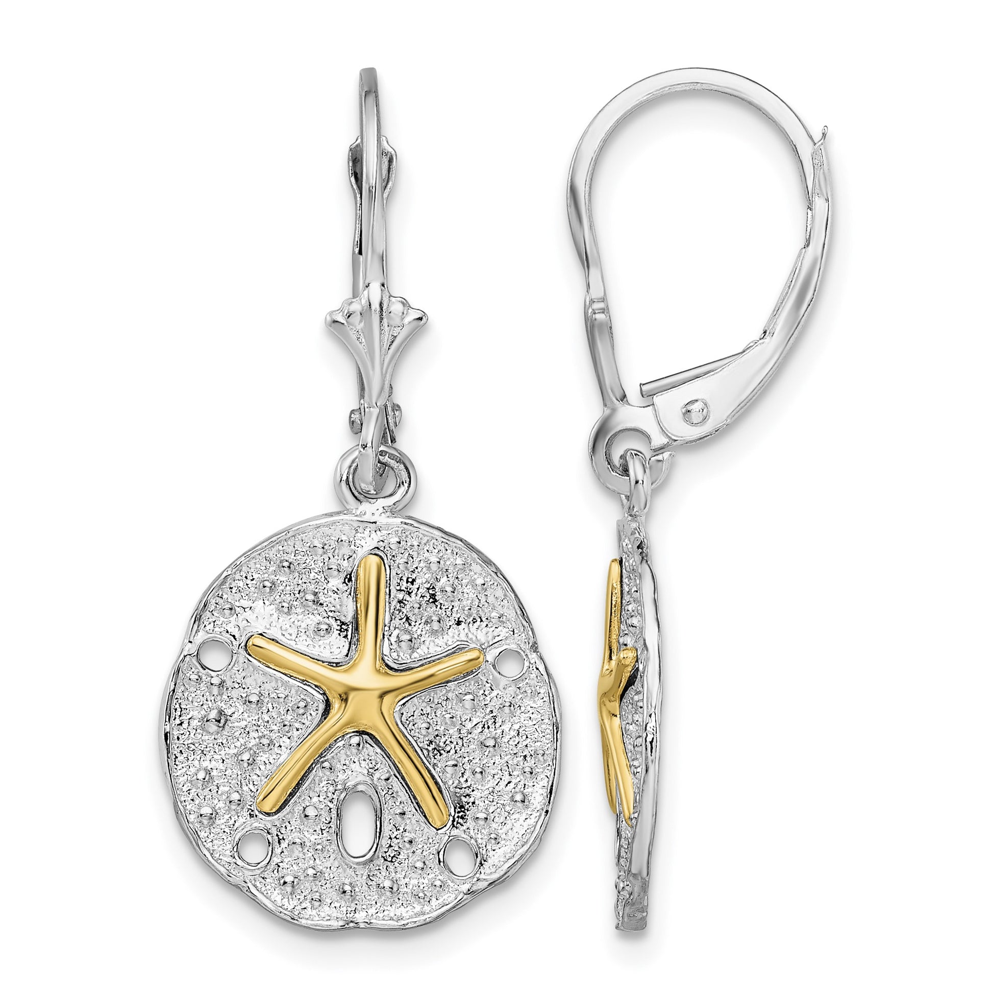 De-Ani Sterling Silver Rhodium-Plated Sand Dollar with 14k Starfish Leverback Earrings