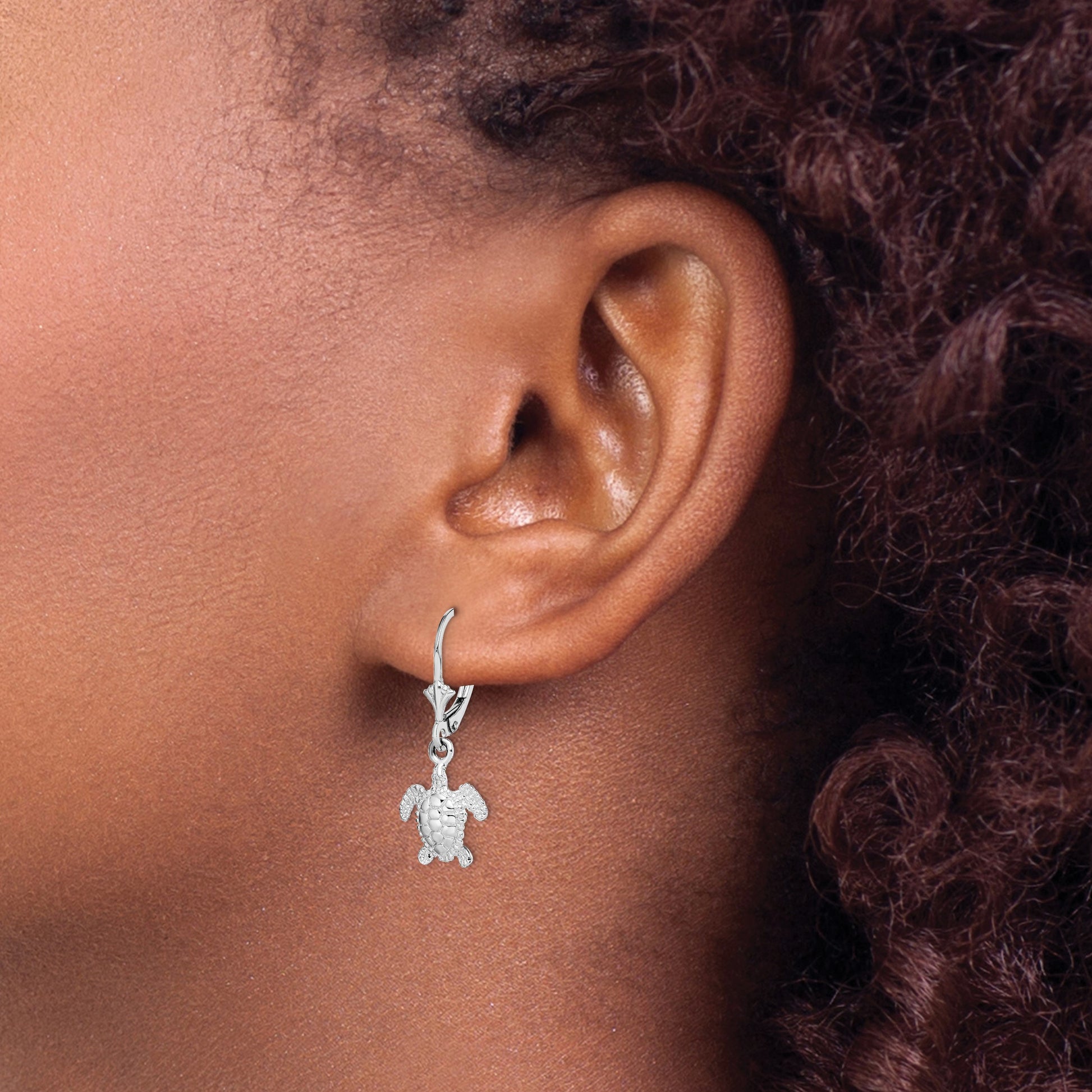 De-Ani Sterling Silver Rhodium-Plated Mini Sea Turtle Leverback Earrings