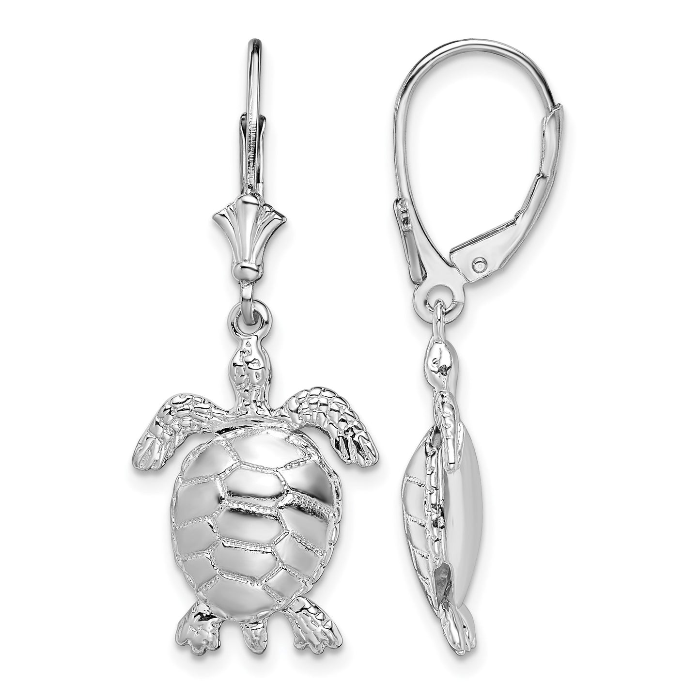 De-Ani Sterling Silver Rhodium-plated Polished 3D Moveable Turtle Leverback Earrings