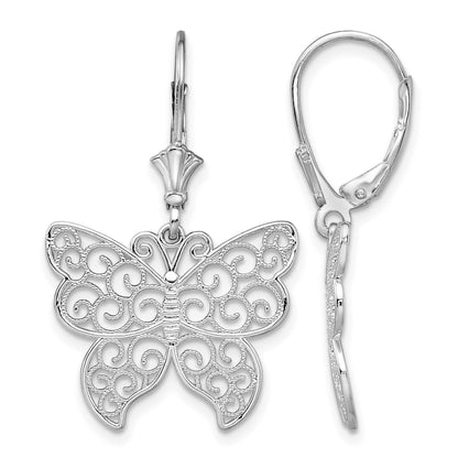 De-Ani Sterling Silver Rhodium-Plated Polished Filigree Butterfly Leverback Earrings
