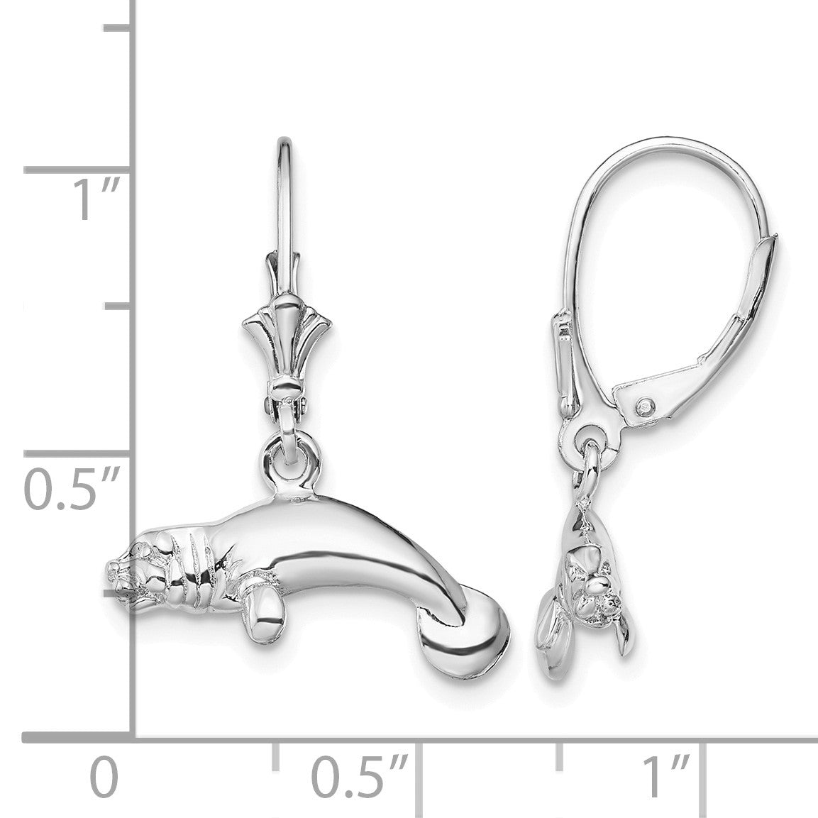 De-Ani Sterling Silver Rhodium-Plated Polished 3D Manatee Leverback Earrings
