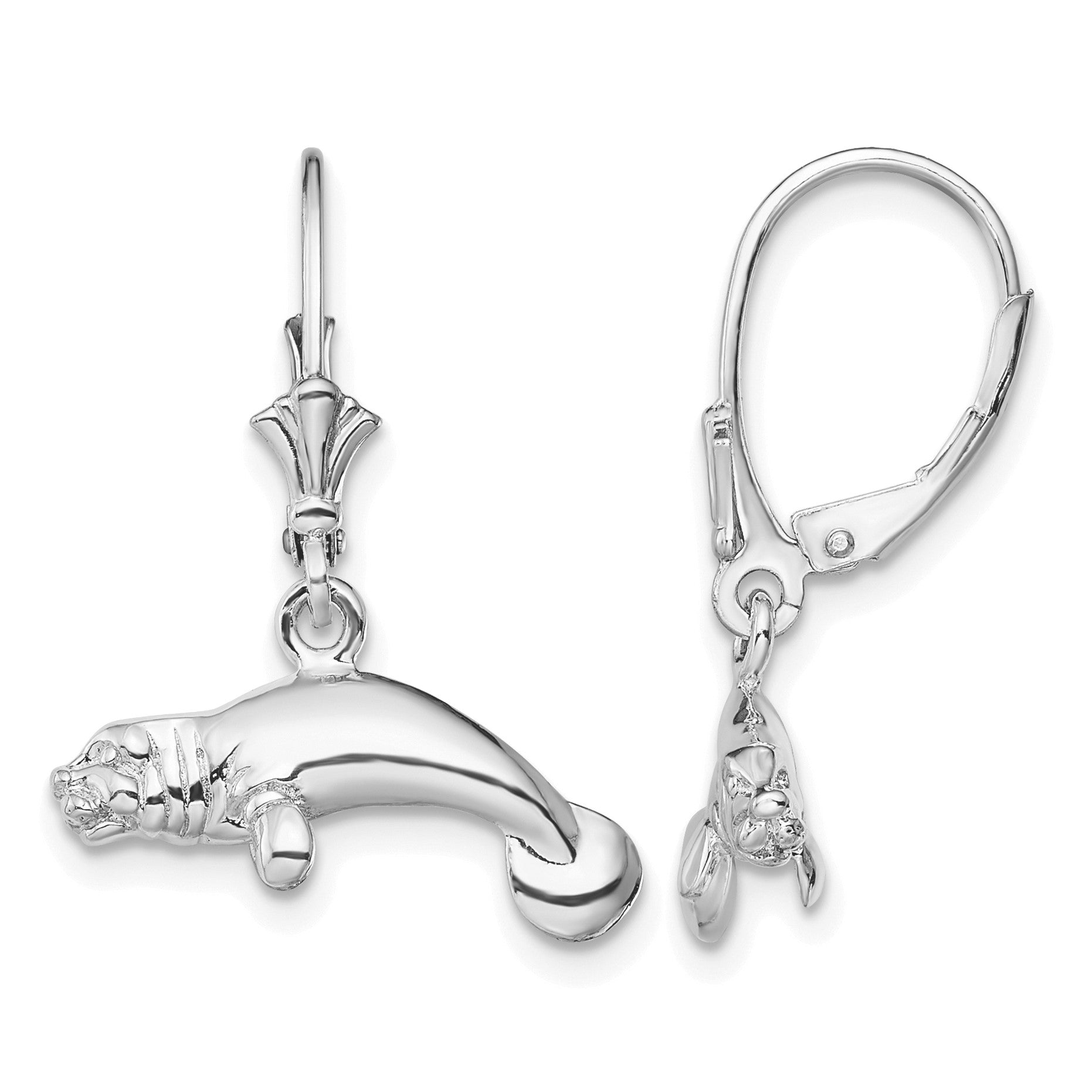 De-Ani Sterling Silver Rhodium-Plated Polished 3D Manatee Leverback Earrings
