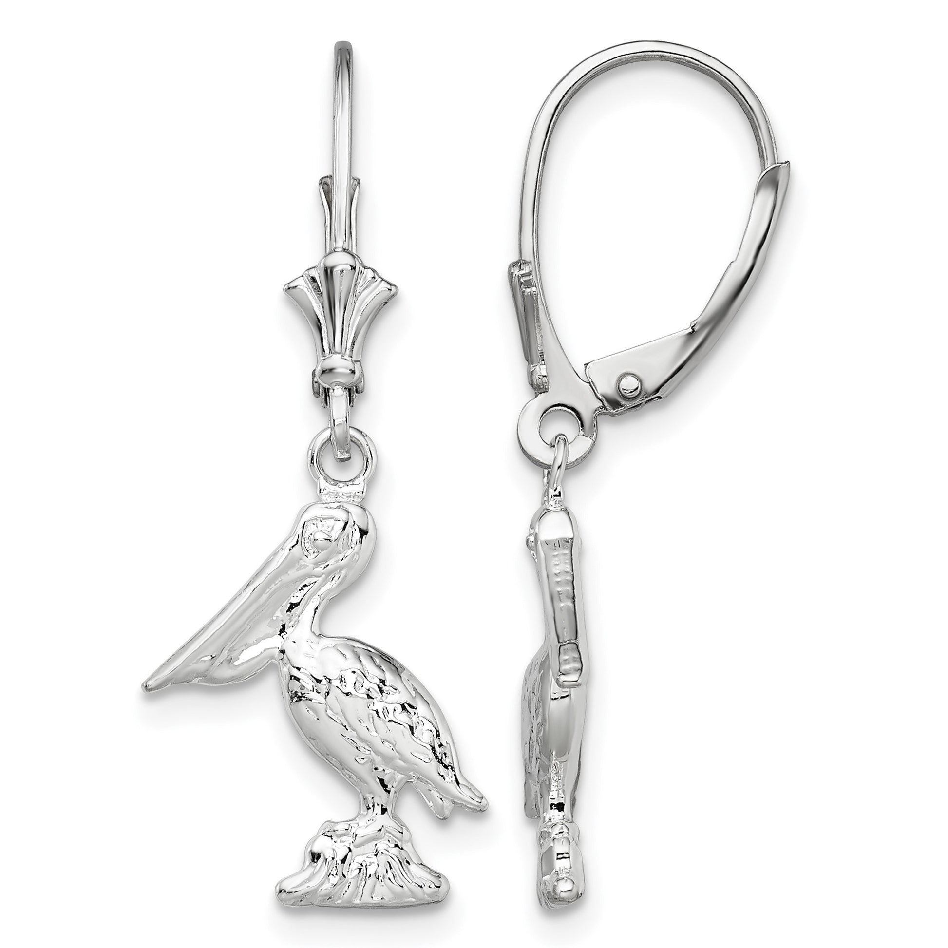 De-Ani Sterling Silver Rhodium-plated Polished 3D Small Pelican Leverback Earrings