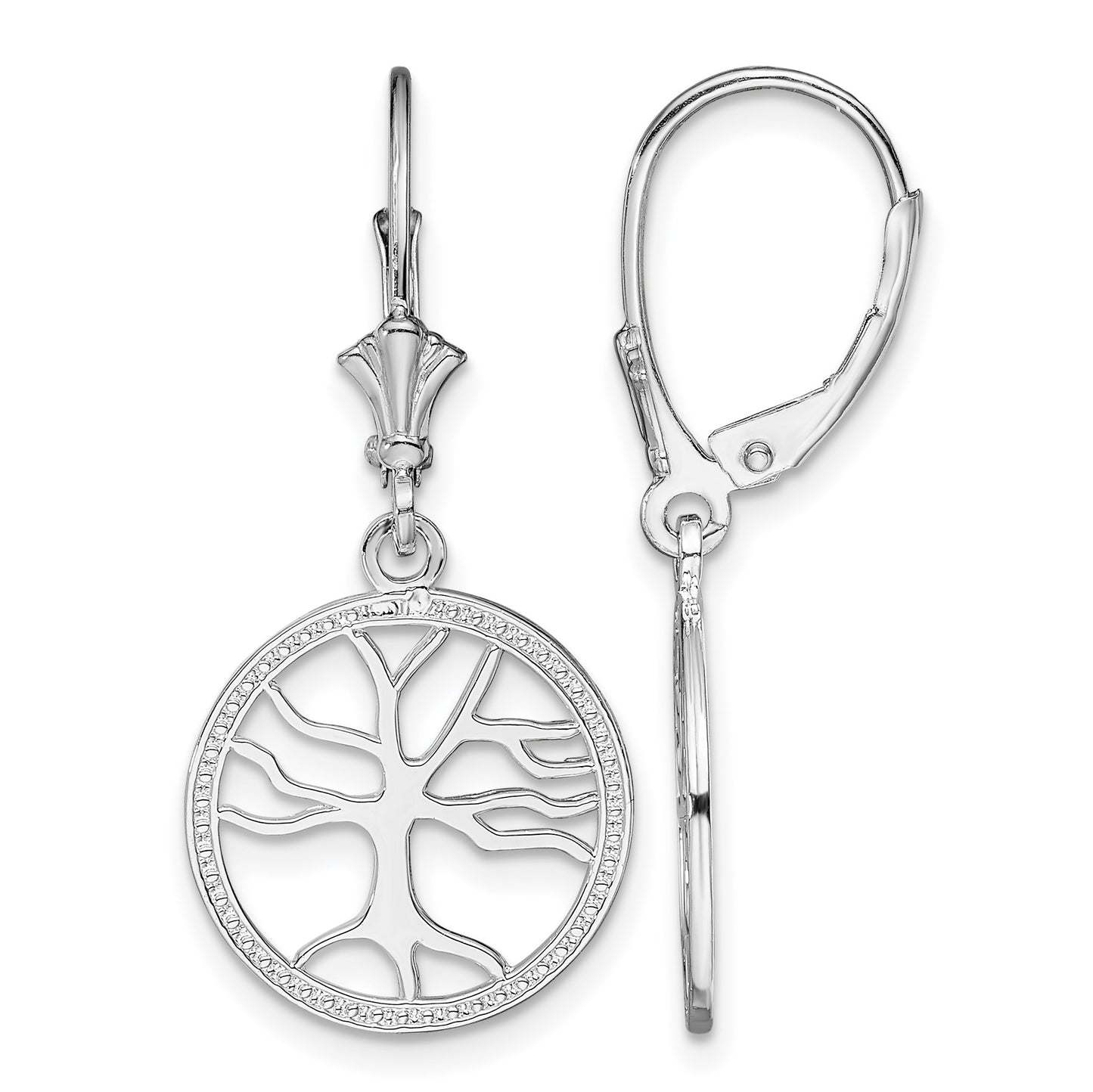 De-Ani Sterling Silver Rhodium-plated Polished Tree of Life in Circle Leverback Earrings