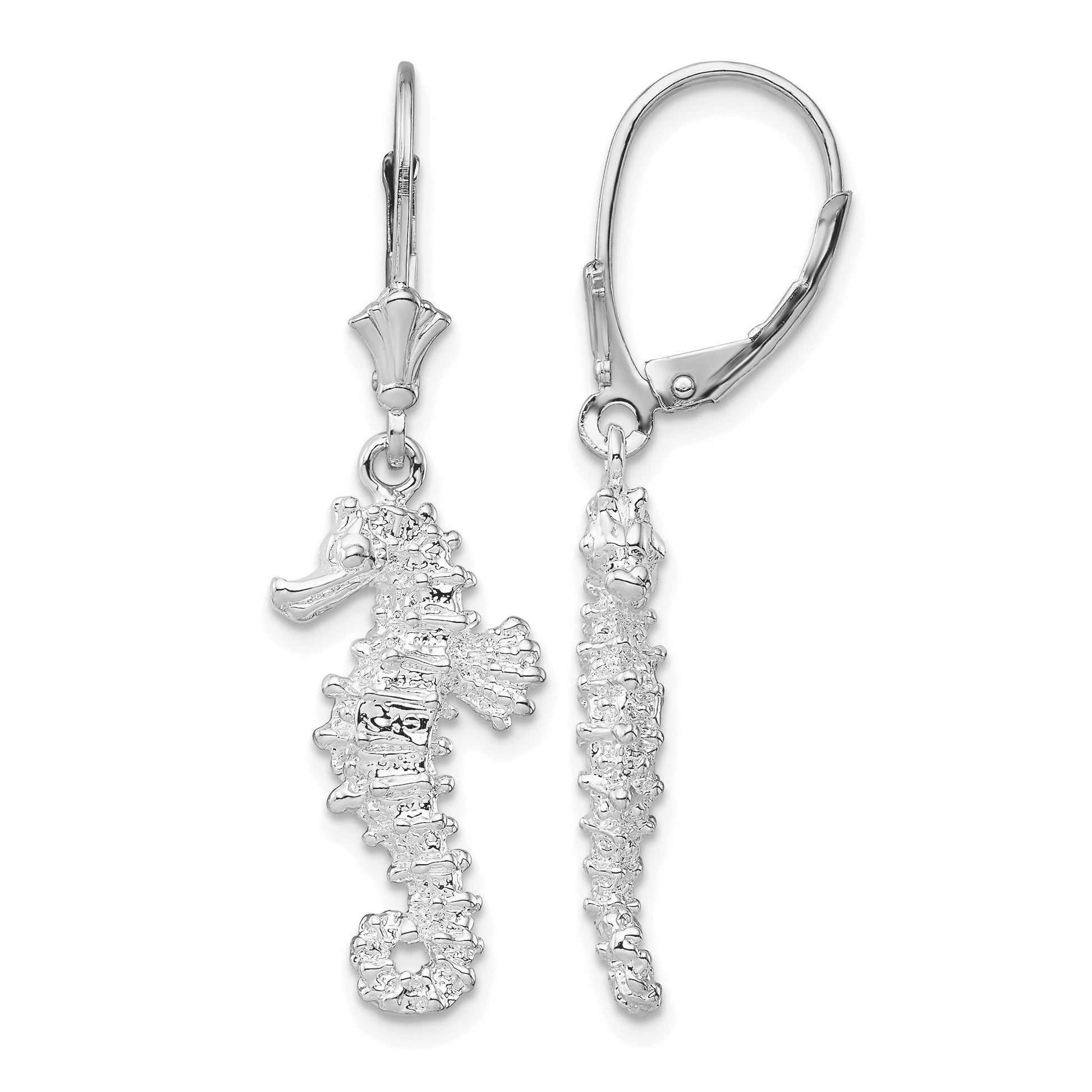 De-Ani Sterling Silver Rhodium-Plated Polished 3D Seahorse Leverback Earrings