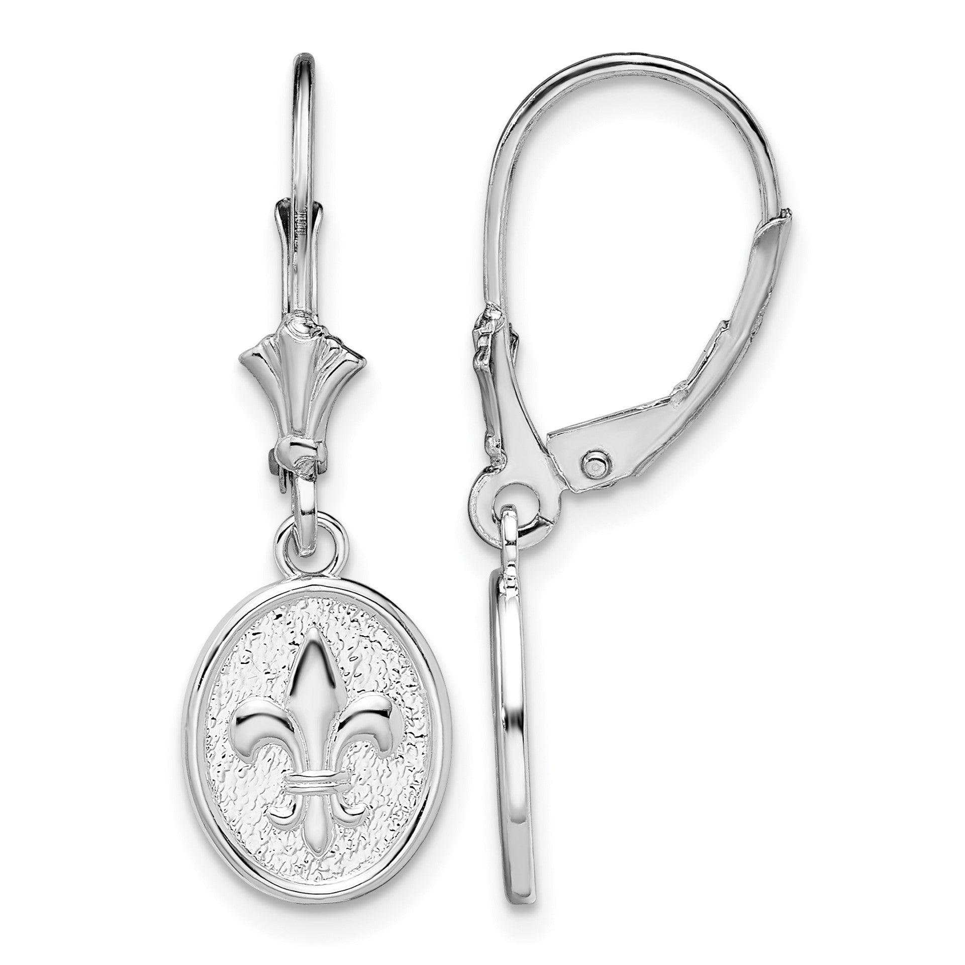 De-Ani Sterling Silver Rhodium-Plated Textured Fleur de Lis Leverback Dangle Earrings
