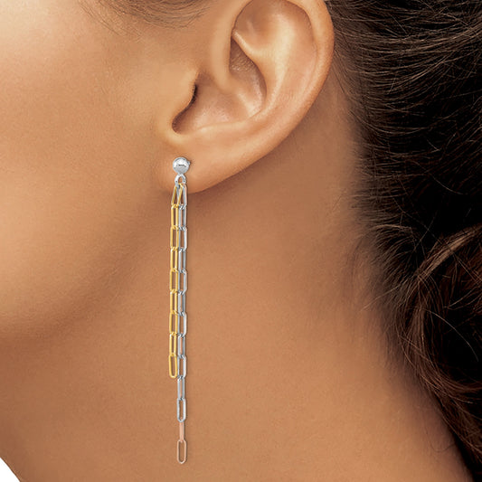 Sterling Silver RH-plate Rose & Yellow-tone Paperclip Link 3-strand Earring
