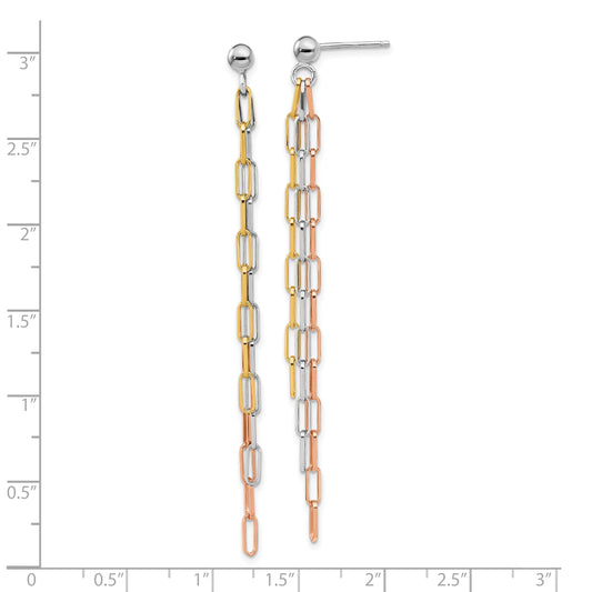 Sterling Silver RH-plate Rose & Yellow-tone Paperclip Link 3-strand Earring
