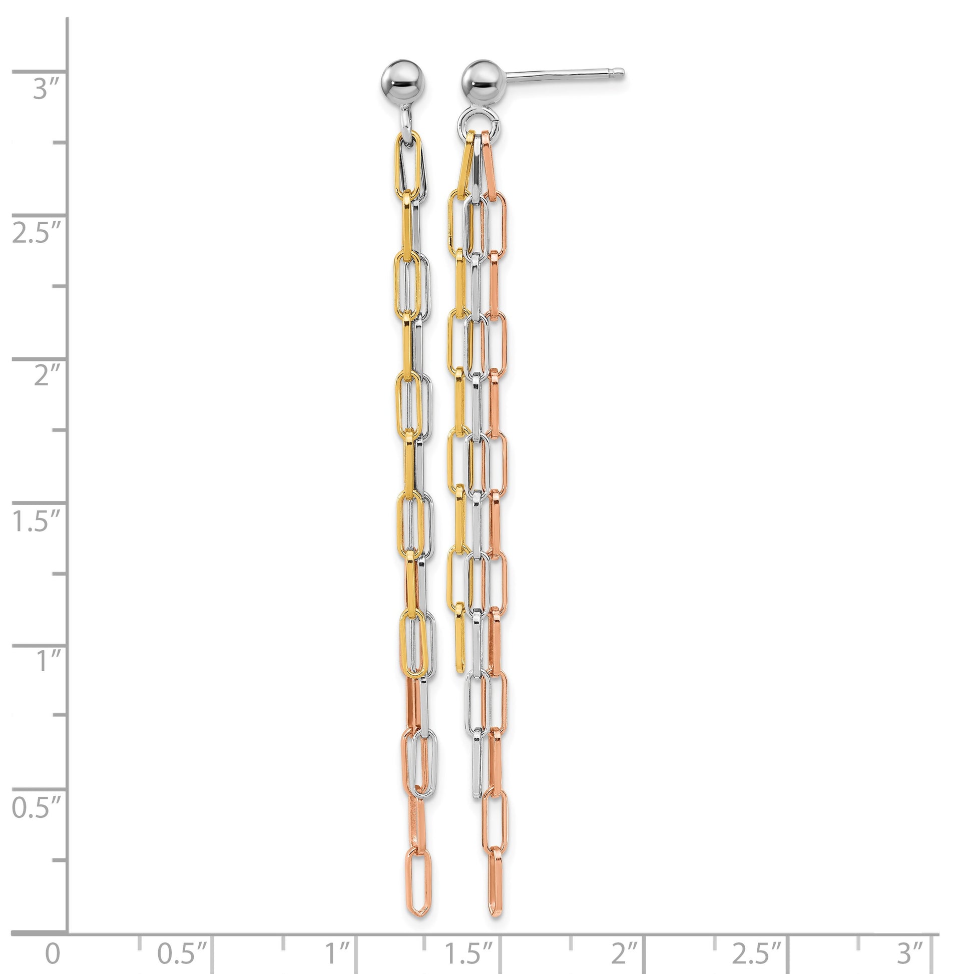 Sterling Silver RH-plate Rose & Yellow-tone Paperclip Link 3-strand Earring
