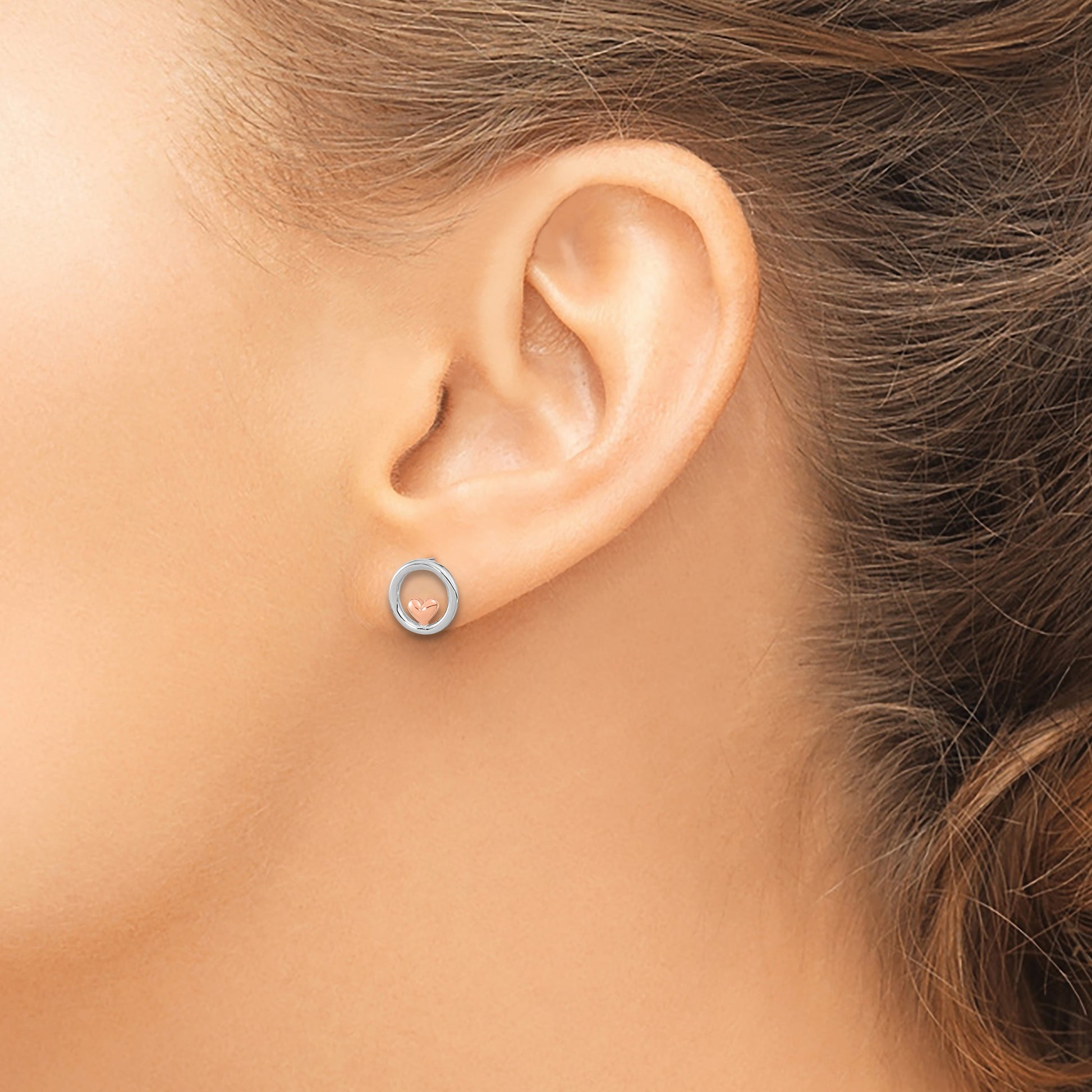 Sterling Silver RH-plated & Rose Gold-plated Circle w/Heart Post Earrings
