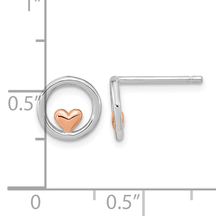 Sterling Silver RH-plated & Rose Gold-plated Circle w/Heart Post Earrings