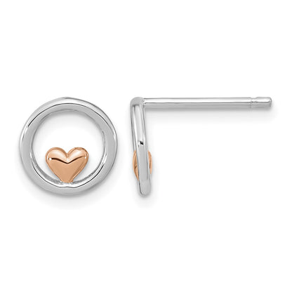 Sterling Silver RH-plated & Rose Gold-plated Circle w/Heart Post Earrings