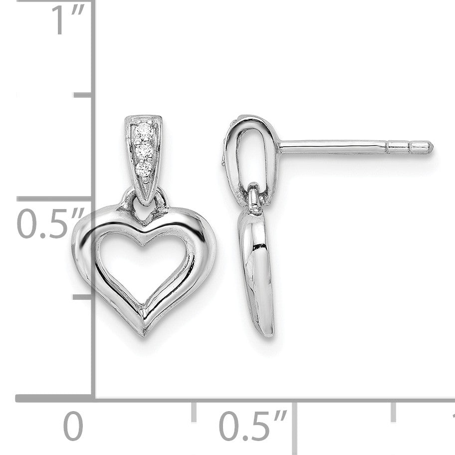 Sterling Silver RH Polished CZ Heart Post Dangle Earrings