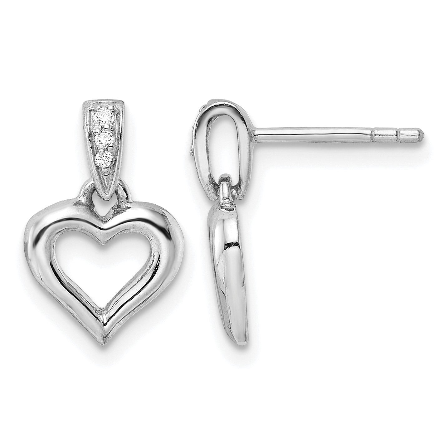 Sterling Silver RH Polished CZ Heart Post Dangle Earrings