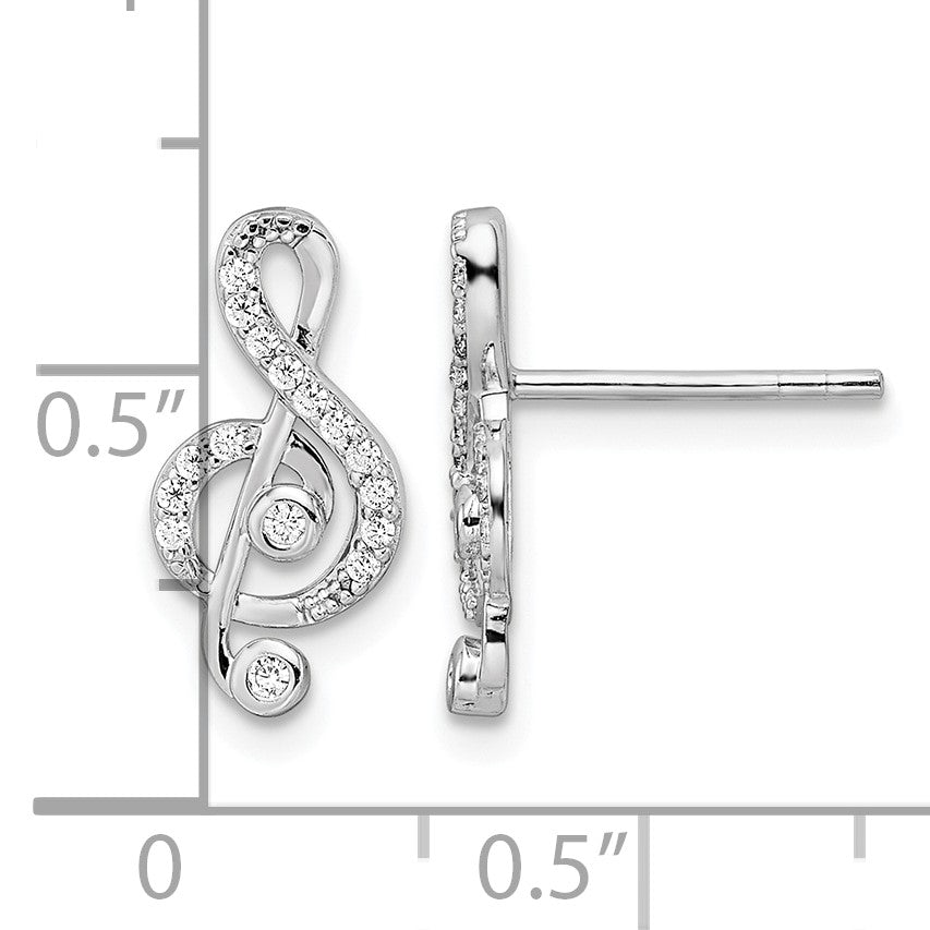 Sterling Silver Rhodium-plated CZ Treble Clef Post Earrings