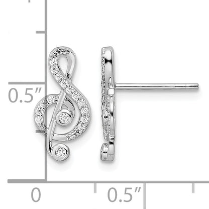 Sterling Silver Rhodium-plated CZ Treble Clef Post Earrings