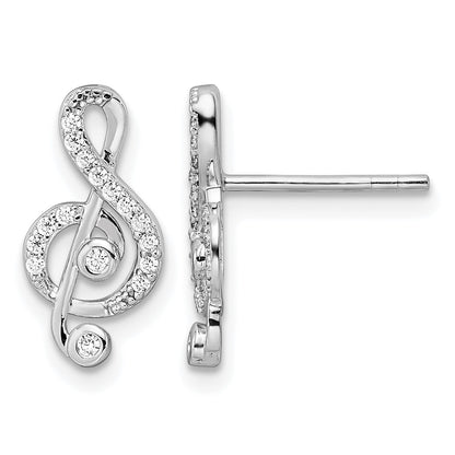 Sterling Silver Rhodium-plated CZ Treble Clef Post Earrings
